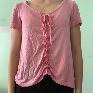 Pink shirt sleeved tie up top